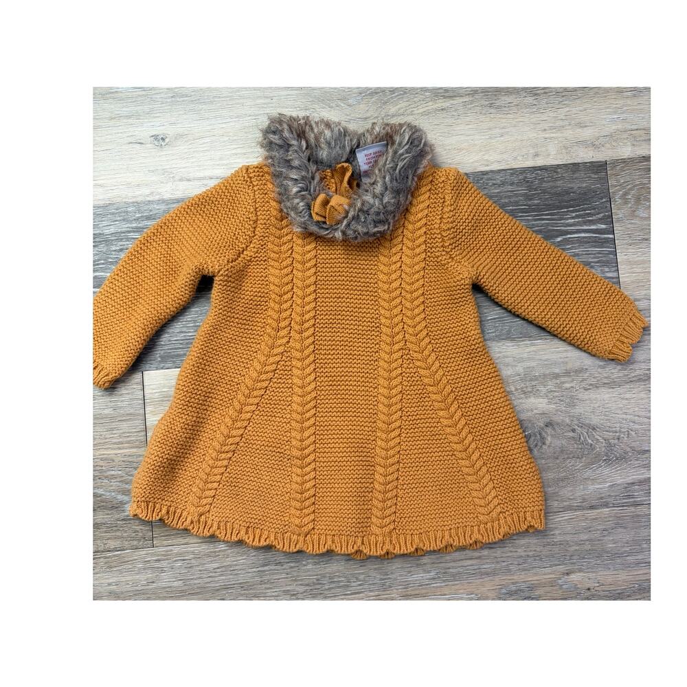 Tahari Baby Sweater Mustard Yellow Faux Fur Collar, 3-6m